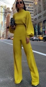 High Neck Lantern Sleeve Solid Jumpsuits